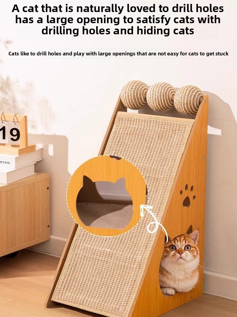 Tall sisal-wrapped cat scratching post tower for large cats with wood finish and stable base