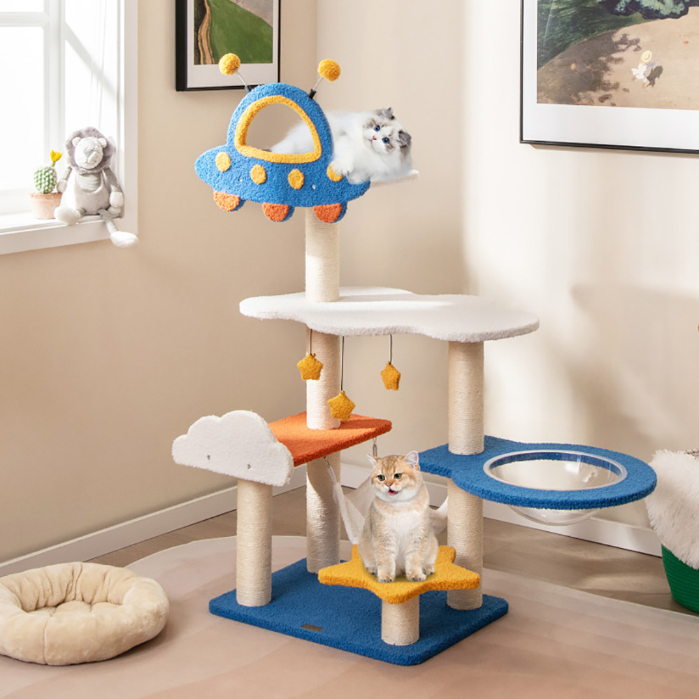 Space-themed 7-level cat tree with UFO perch, transparent capsule, and sisal scratching posts