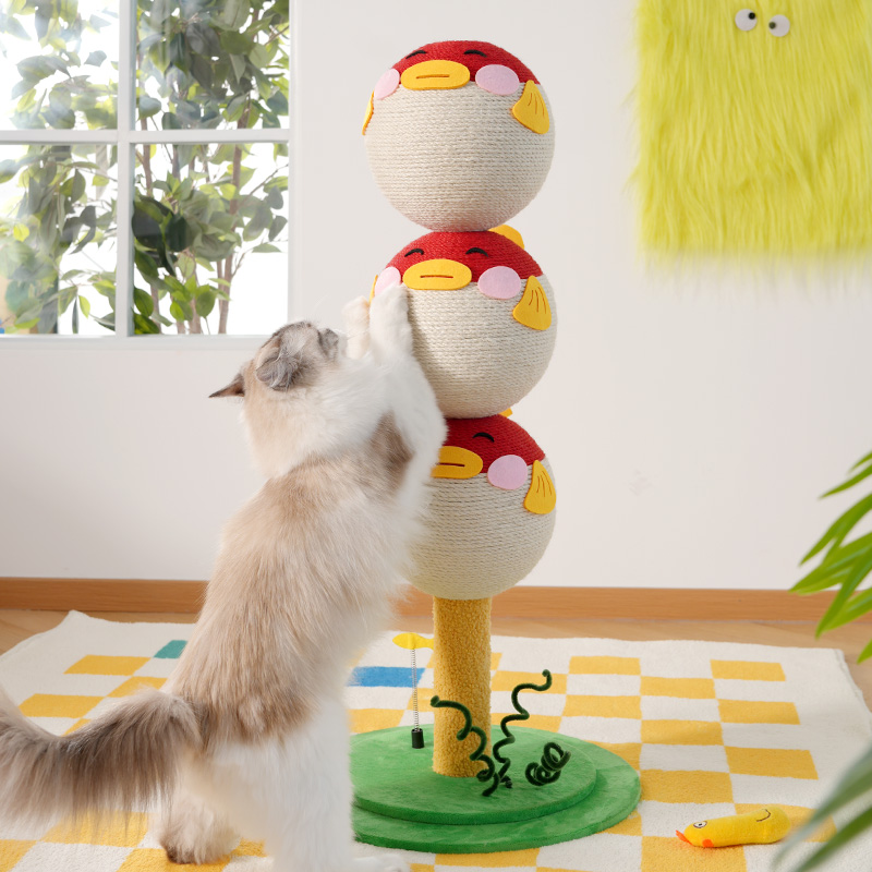 3-tier puffer fish cat scratching post with sisal rope, flannel base, and interactive toy