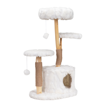 41-inch white cat tree with plush perches, scratching posts, and solid wood frame