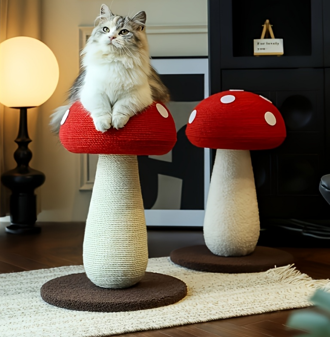 Mushroom-shaped cat scratching posts with cardboard lounge base and plush red caps
