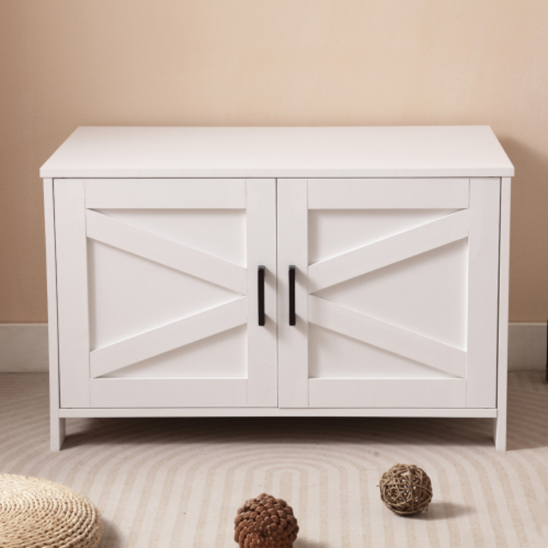Stylish Pet Furniture for Cats and Dogs – Greige Wooden Hidden Litter Box Enclosure with Barn Door and Side Table Design