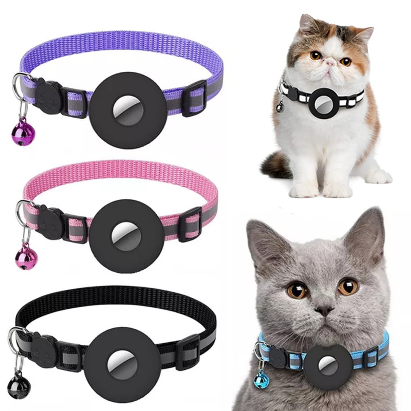 Reflective pet collars, harnesses and leashes – adjustable nylon breakaway collar with AirTag holder for cats and small dogs