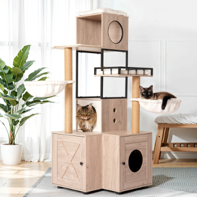 63-inch multi-level cat tree with litter box enclosure, hammock, and dual condos in rustic gray