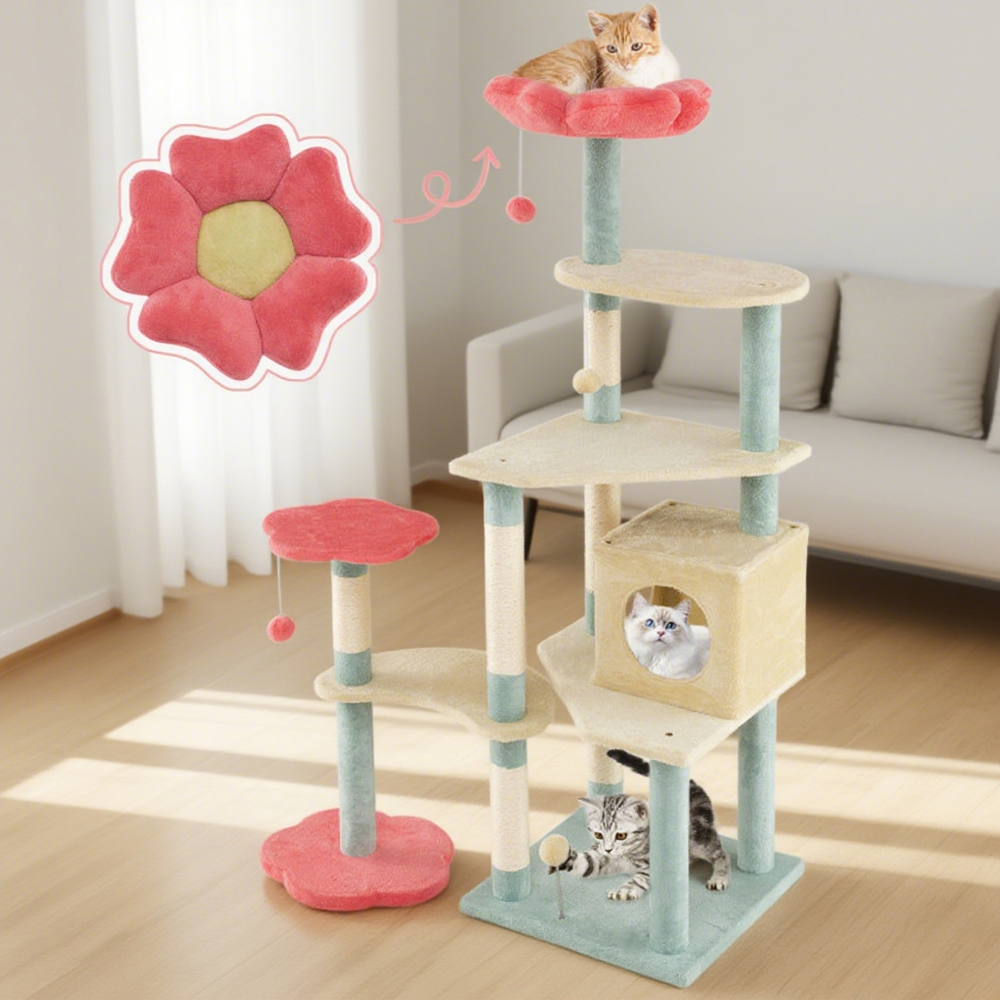 61-inch floral cat tree tower with scratching posts, perches, and toys in beige, red, and blue