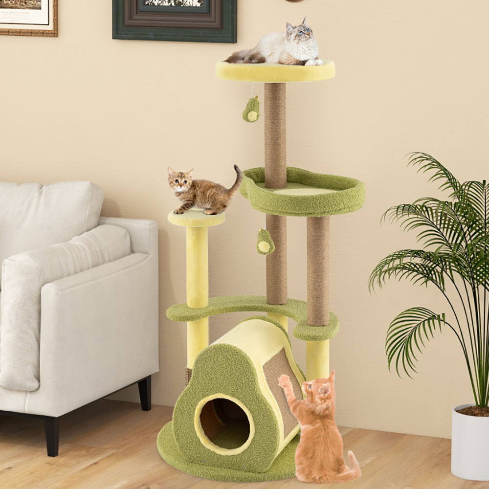 Avocado-themed multi-level cat tree with scratching posts, condo, and moon perch