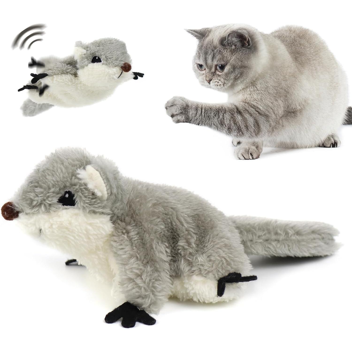 Interactive flapping squirrel cat toy shown with grey cat — rechargeable, motion-activated