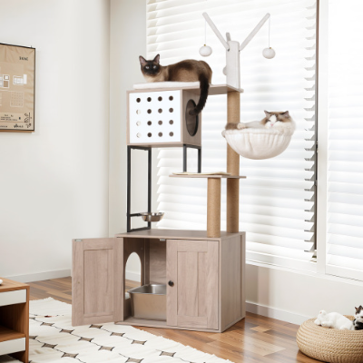 3-tier modern cat tree with litter box enclosure, food bowl, and toys in gray finish
