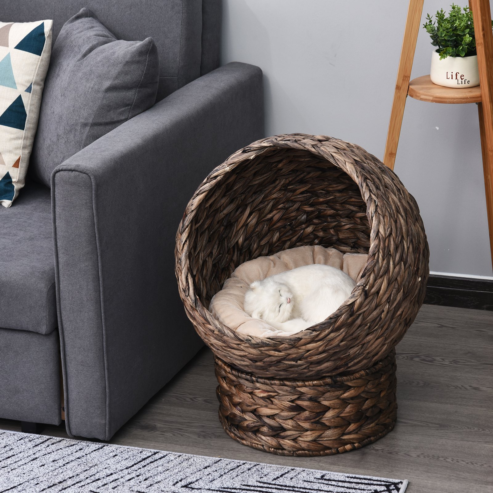 Handmade wicker dome cat bed with cushion, placed in a cozy modern living room corner. pet beds and blankets for cats and dogs