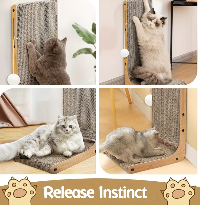 L-shaped corrugated cardboard cat scratcher with ball toy for vertical and horizontal use