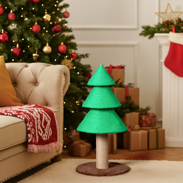Christmas tree–shaped cat scratching post in holiday living room — 31.5-inch sisal tower with fleece base-green