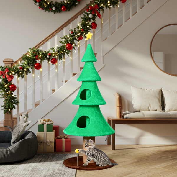 Christmas Tree Cat Scratcher | Tails and Whiskers Co. Green Christmas tree-shaped cat scratcher with presents underneath in a festive living room