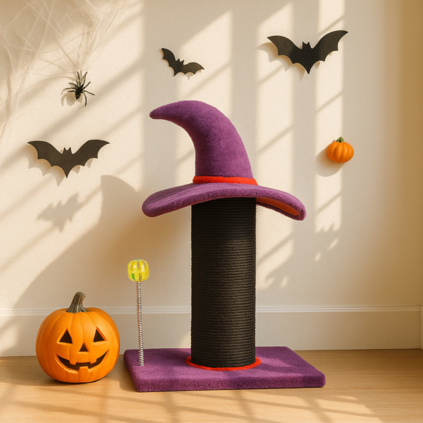 Halloween Witch Hat with Pumpkin and Bats – Festive Pet Decor Image Halloween witch hat with bats, pumpkin, and broomstick – festive fall decoration for pet lovers