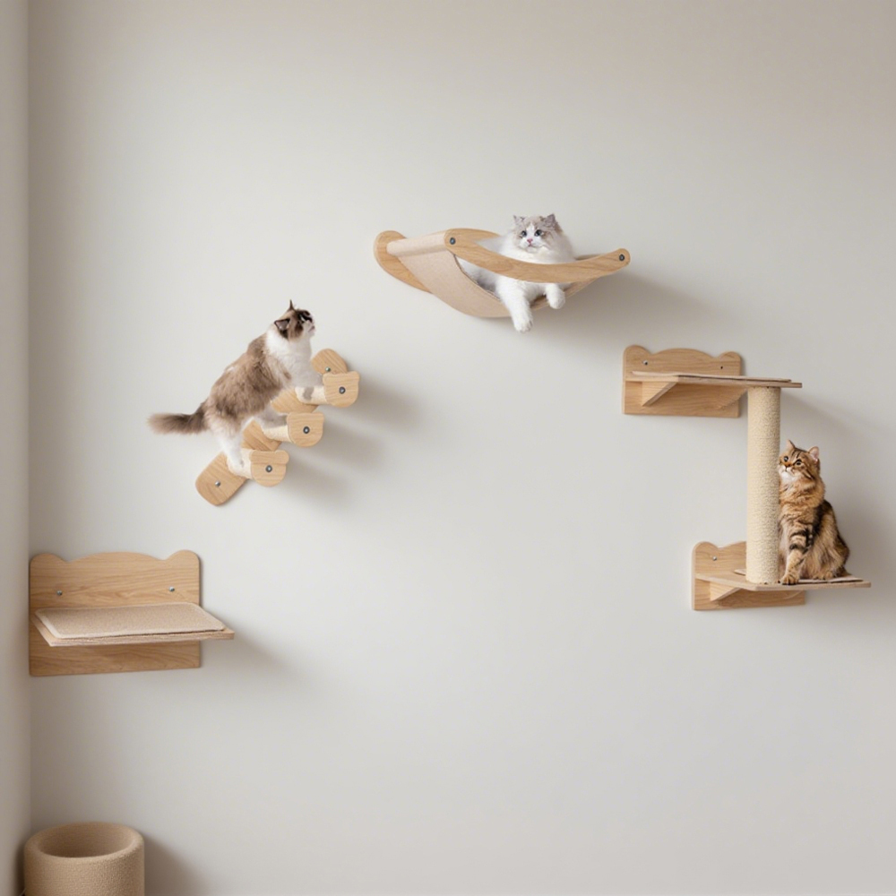 Wall-Mounted Cat Shelves and Steps – Modern Wooden Cat Climbing System for Indoor Cats Modern wall-mounted wooden cat shelves and steps – space-saving climbing system for cats and kittens