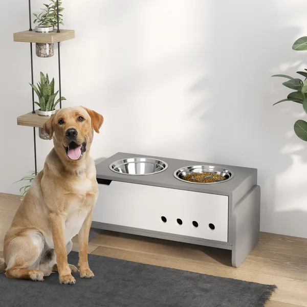 Modern White Elevated Dog Feeder with Storage Cabinet and Stainless Steel Bowls – Raised Pet Bowl Station Golden retriever next to modern white elevated dog feeder with built-in storage and stainless steel bowls