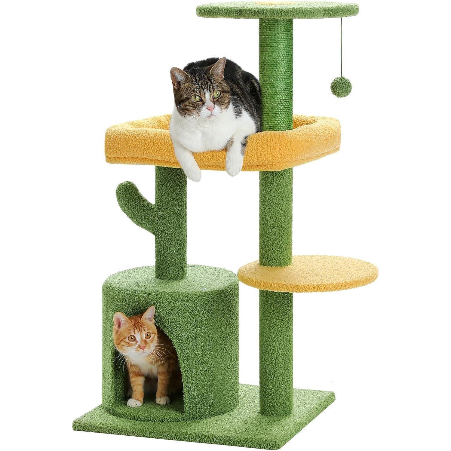 Green Multi-Level Cat Tree Tower with Hammock and Scratching Posts – Tails and Whiskers Co. Cat climbing green multi-level cat tree tower with scratching posts, hammock, and cozy perches – modern cat furniture for indoor cats by Tails and Whiskers Co.