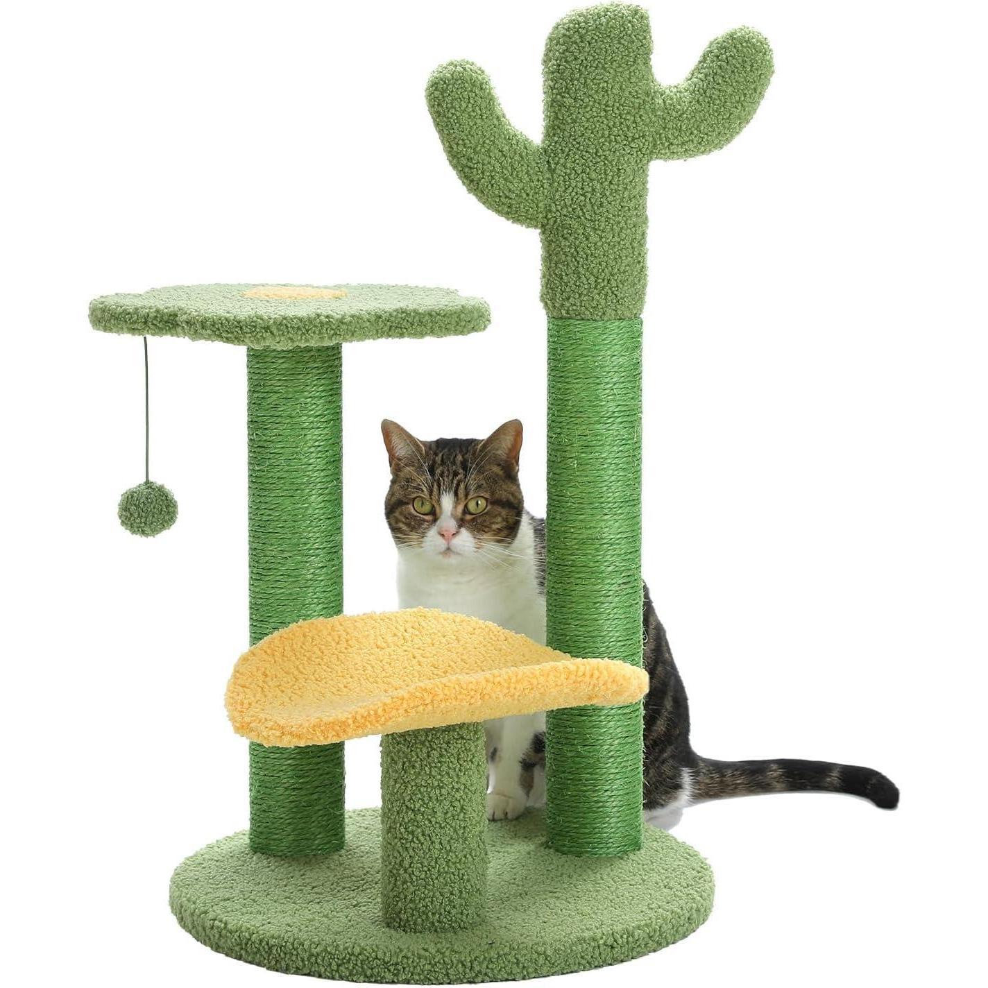 26-Inch Cactus Cat Tree with Scratching Post and Condo – Modern Multi-Level Cat Tower for Indoor Cats Cat lounging on green cactus-shaped cat tree with scratching post and cozy condo – stylish modern cat furniture for indoor cats by Tails and Whiskers Co.