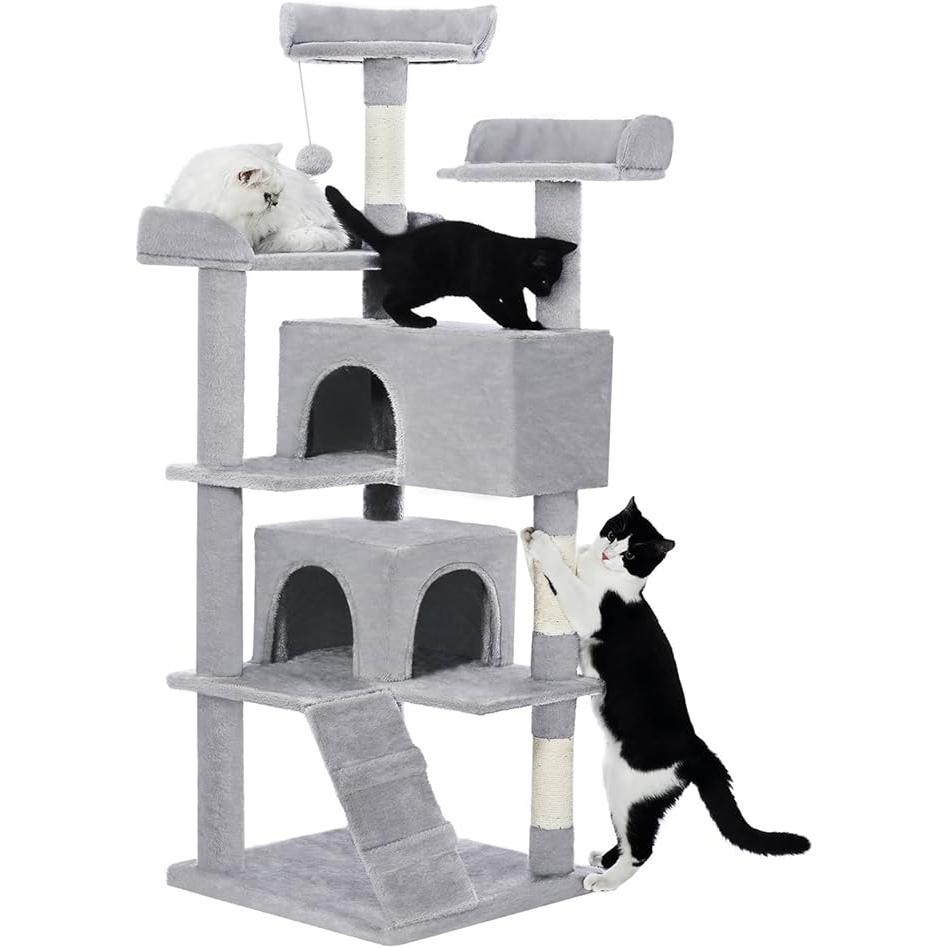 56-Inch Multi-Level Cat Tree Tower for Large Cats – Light Gray Cat Furniture by Tails and Whiskers Co 56-inch multi-level cat tree tower for large indoor cats with condos, scratching posts, and hanging toys in light gray