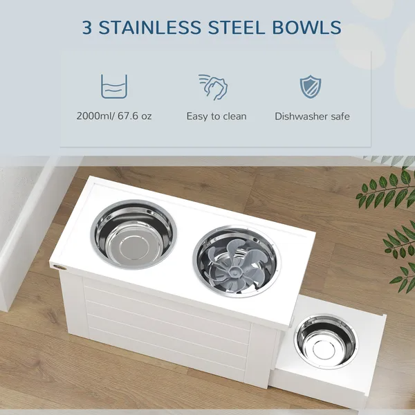 3 Stainless Steel Bowls in Raised Wooden Pet Feeder – Elevated Feeding Station for Dogs & Cats Elevated wooden pet feeder with three stainless steel bowls for dogs or cats – modern and durable raised pet feeding station