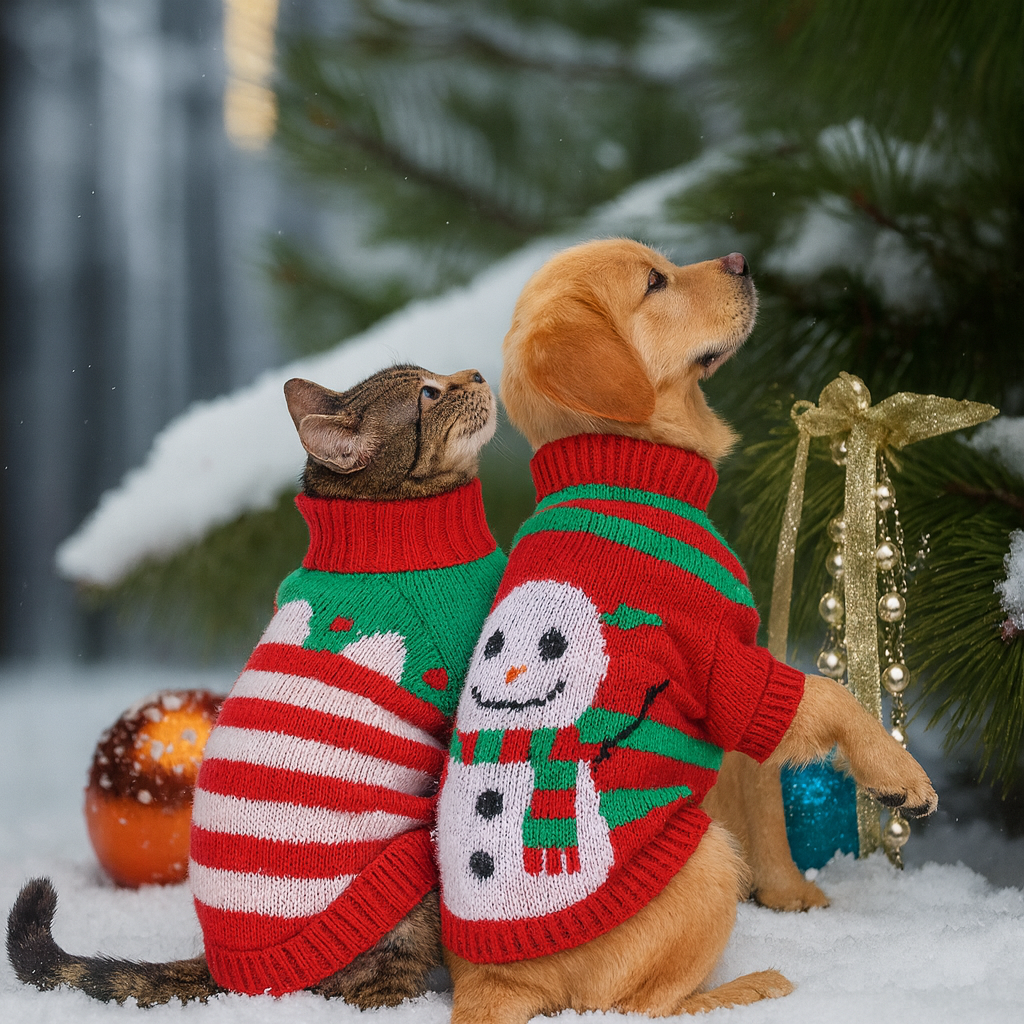 Cat and small dog wearing Christmas sweaters sitting in the snow by a decorated tree
