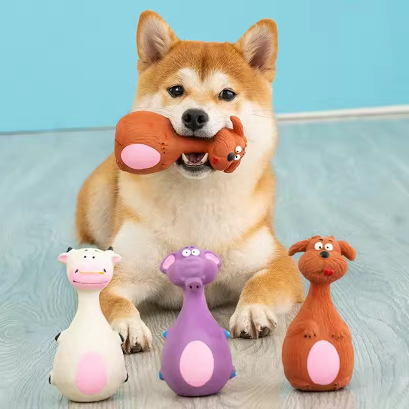 Latex dog chew toys with squeakers for puppies and small dogs, designed for teething and dental cleaning {{brizy_dc_image_alt imageSrc=