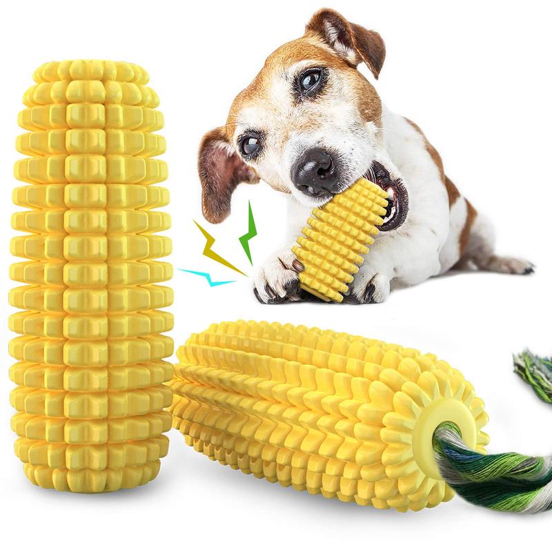 Corn-shaped rubber dog chew toy with textured dental ridges and built-in squeaker for interactive chewing {{brizy_dc_image_alt imageSrc=