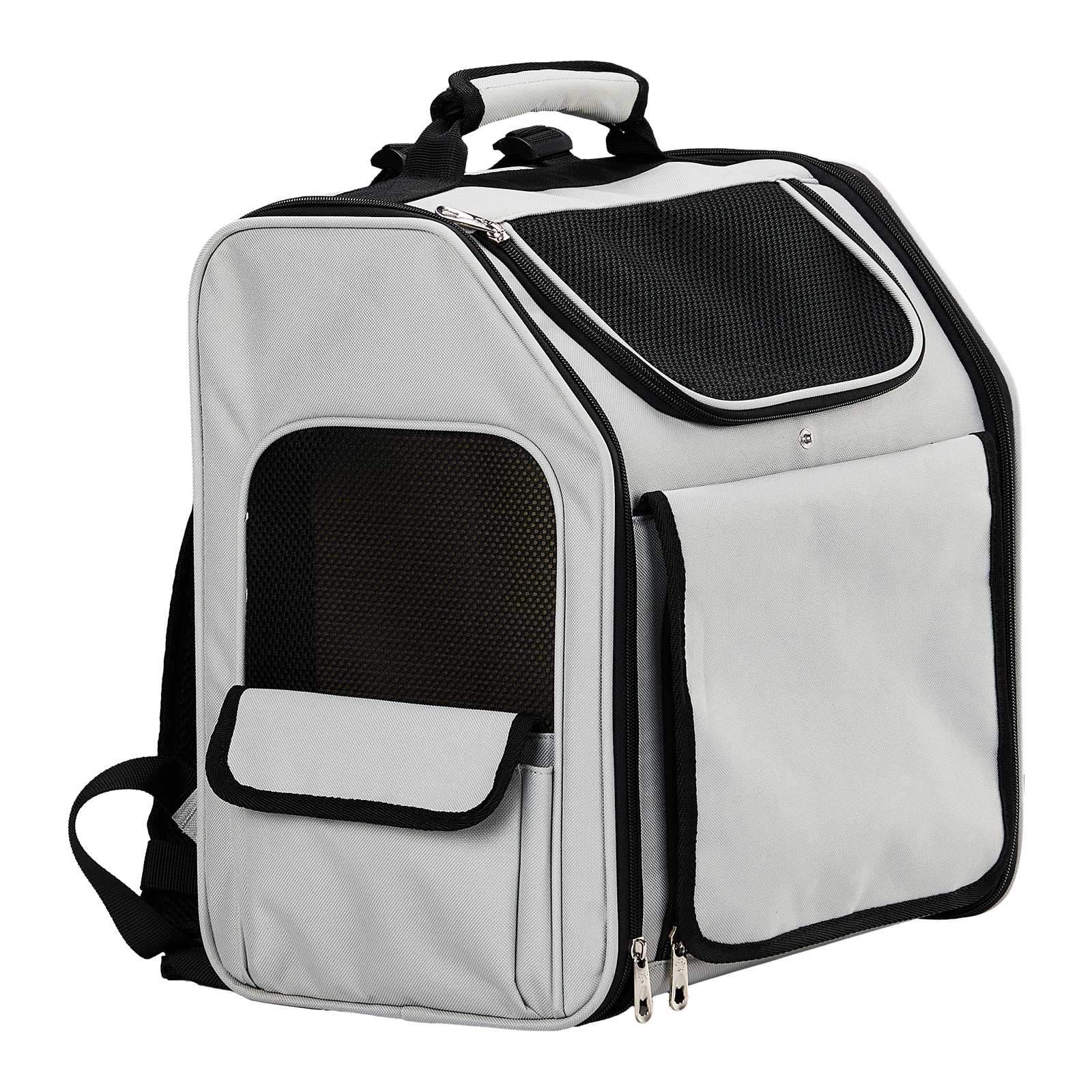 Expandable pet carrier backpack with breathable mesh panels for cats and small dogs