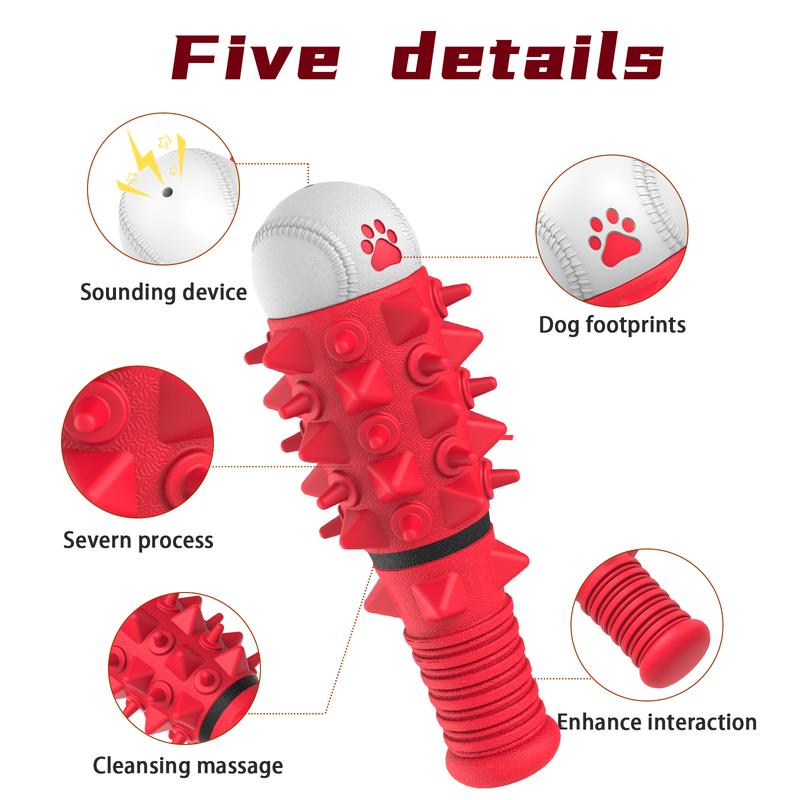 Red rubber dog chew toy with textured dental ridges and built-in squeaker for interactive chewing {{brizy_dc_image_alt imageSrc=