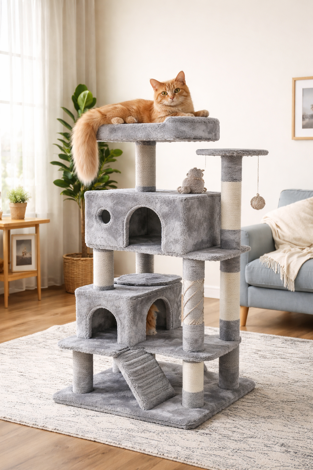 Orange tabby cat relaxing on a multi-level indoor cat tree tower with condos and scratching posts {{brizy_dc_image_alt imageSrc=