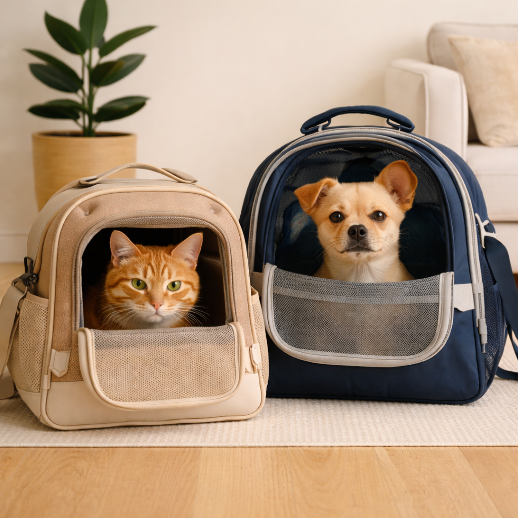 Cat and dog sitting in soft-sided pet carriers designed for comfortable and secure travel {{brizy_dc_image_alt imageSrc=