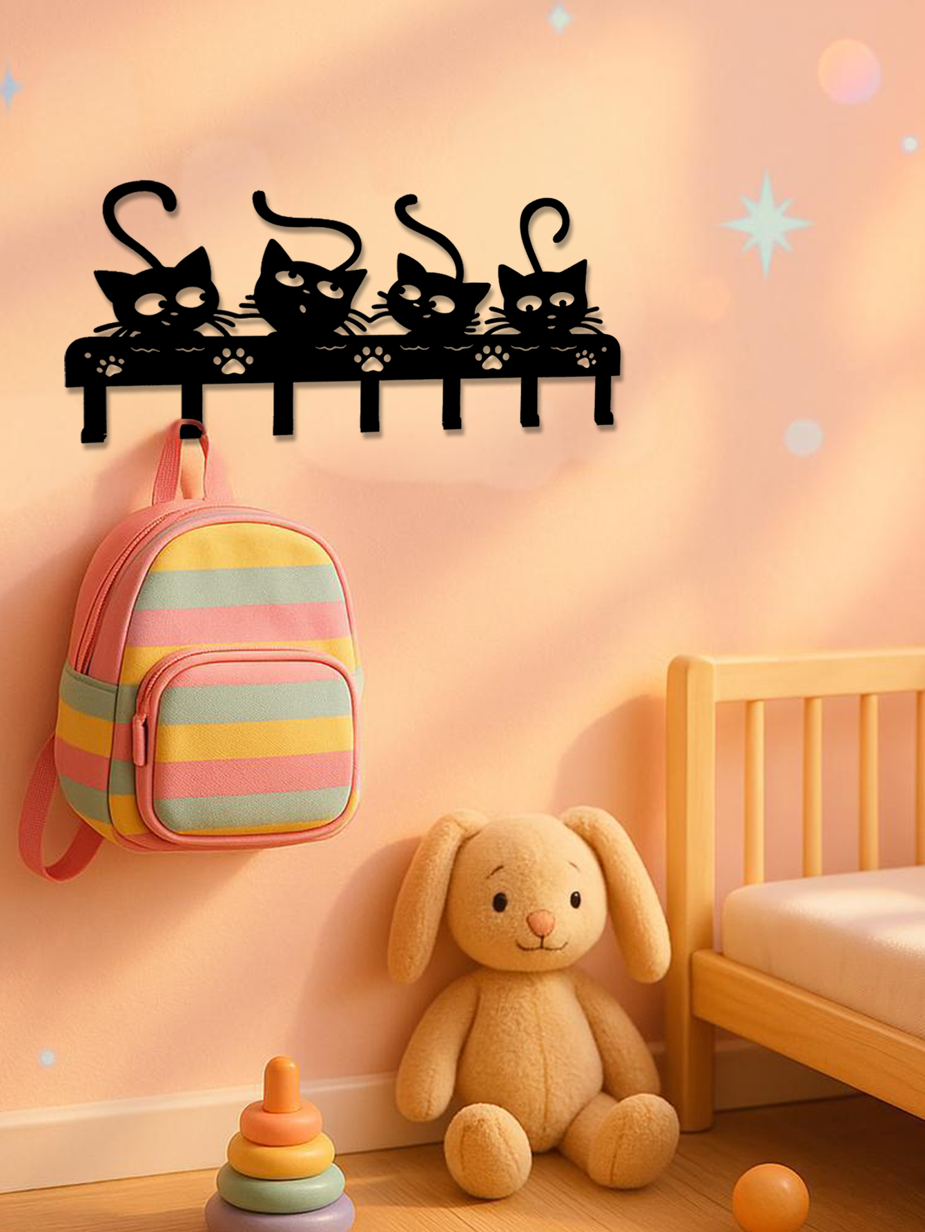 Black metal cat wall hook rack with 7 hooks for keys, coats, and bags {{brizy_dc_image_alt imageSrc=