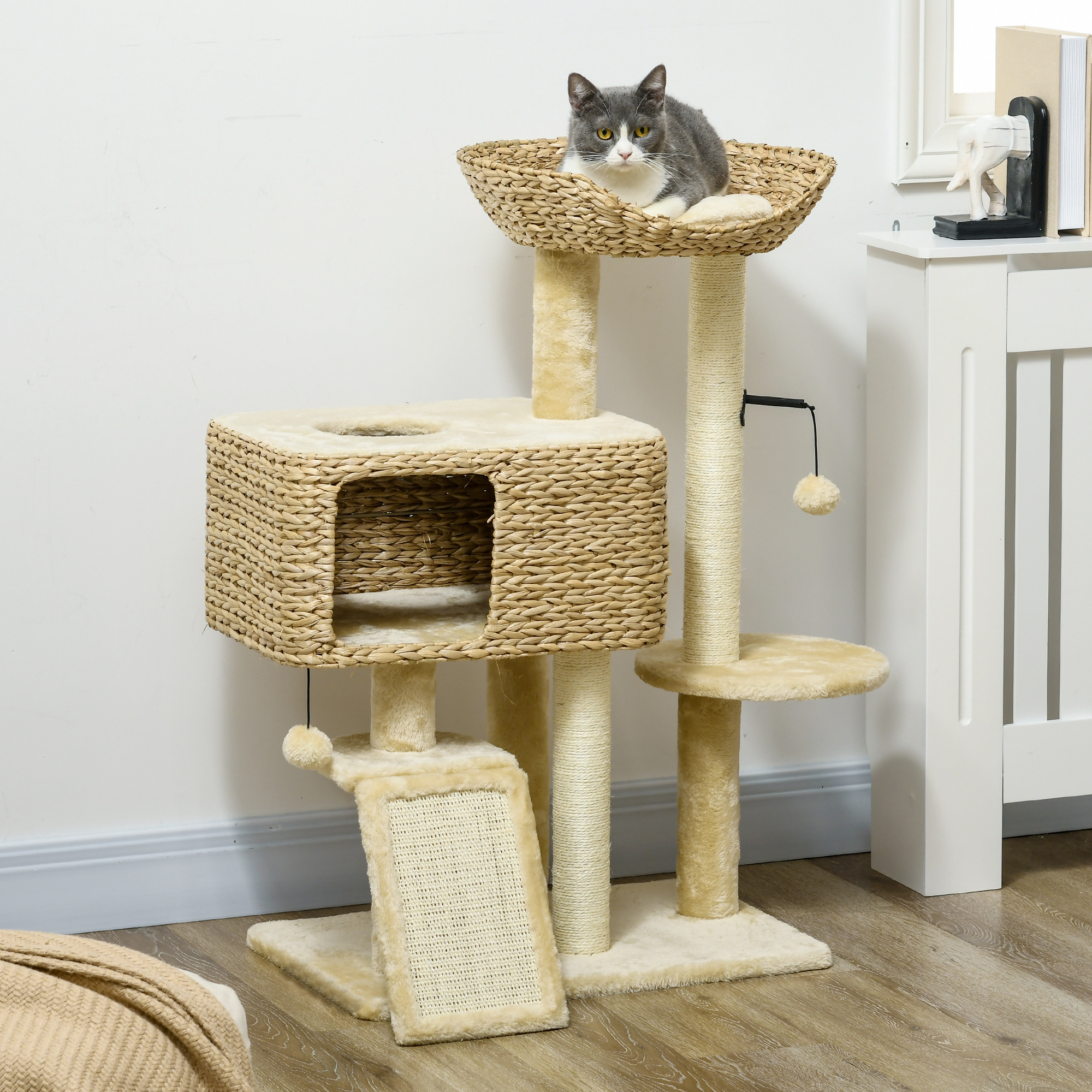 Modern cat tree with wicker condo and hammock for indoor cats in small spaces