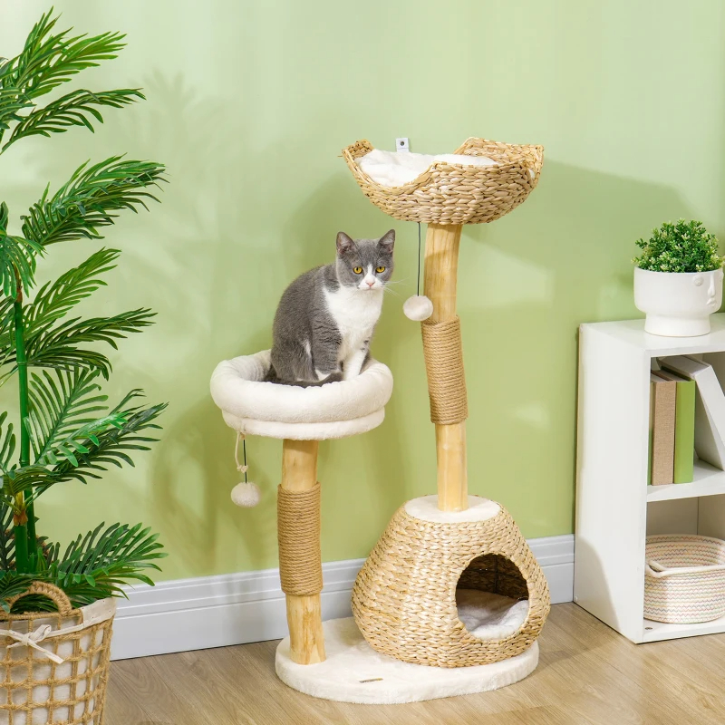 natural wood cat tree with woven condo and elevated perch for indoor cats