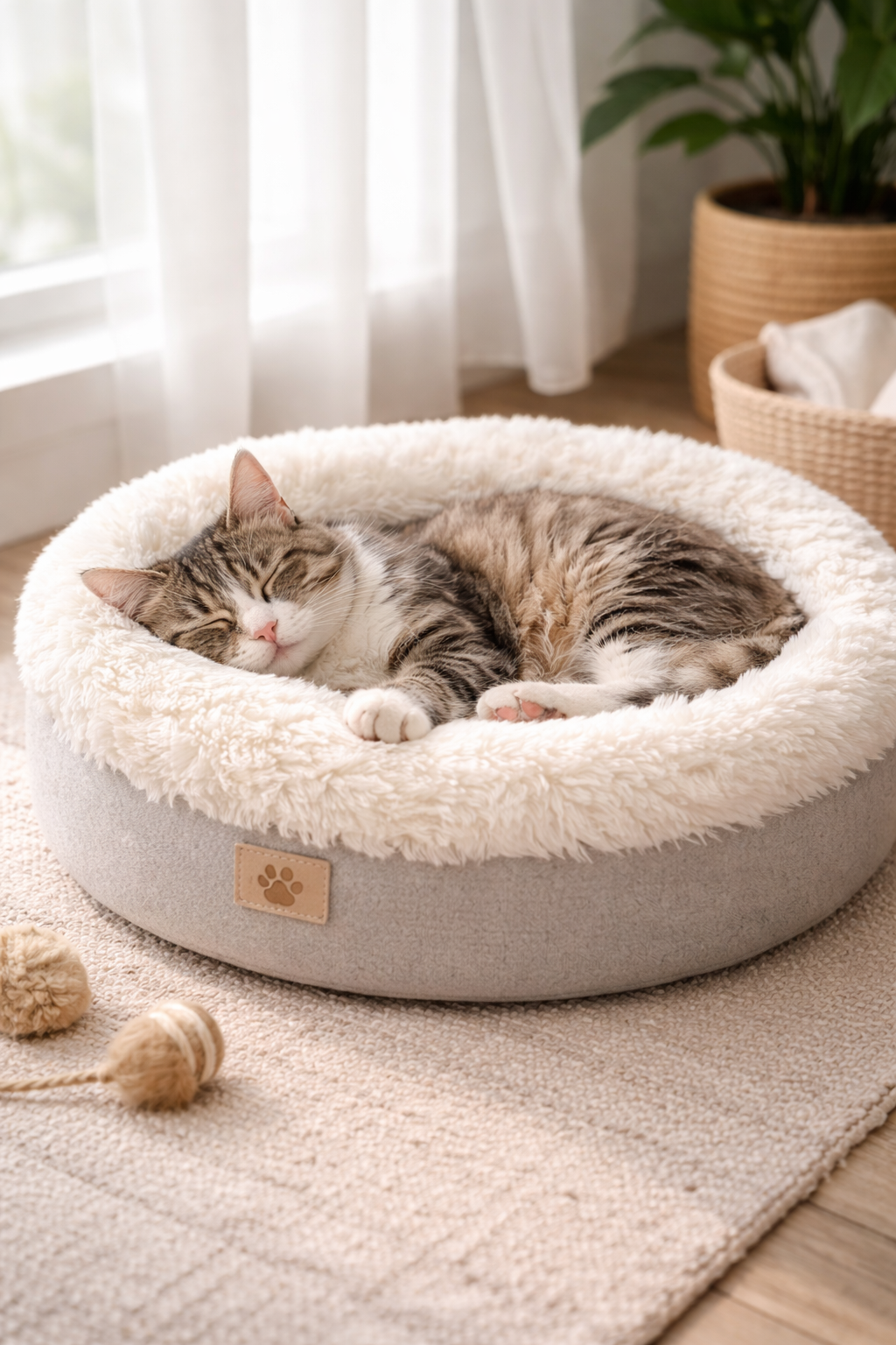 cat sleeping in a soft plush cat bed for indoor cats
