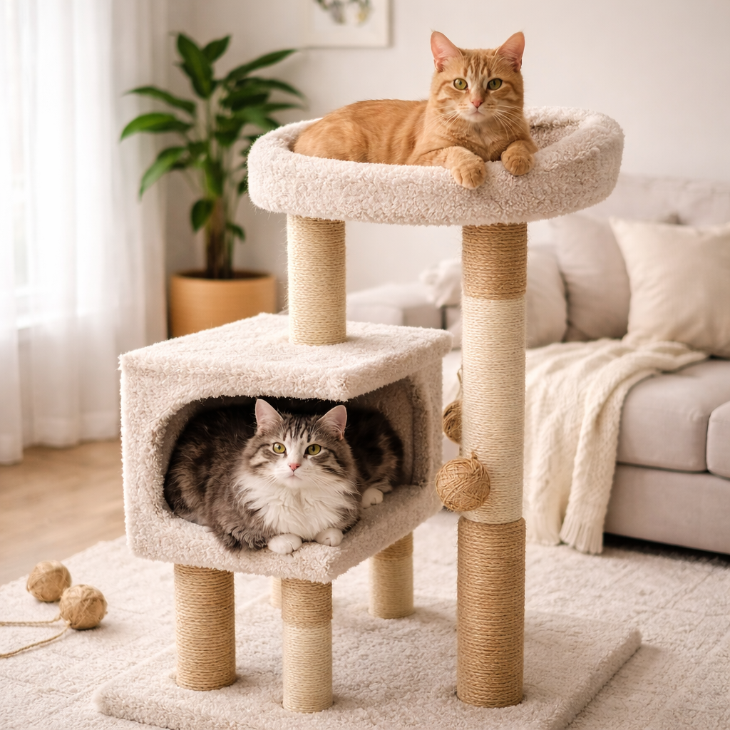 two cats relaxing on a multi level cat tree for indoor cats