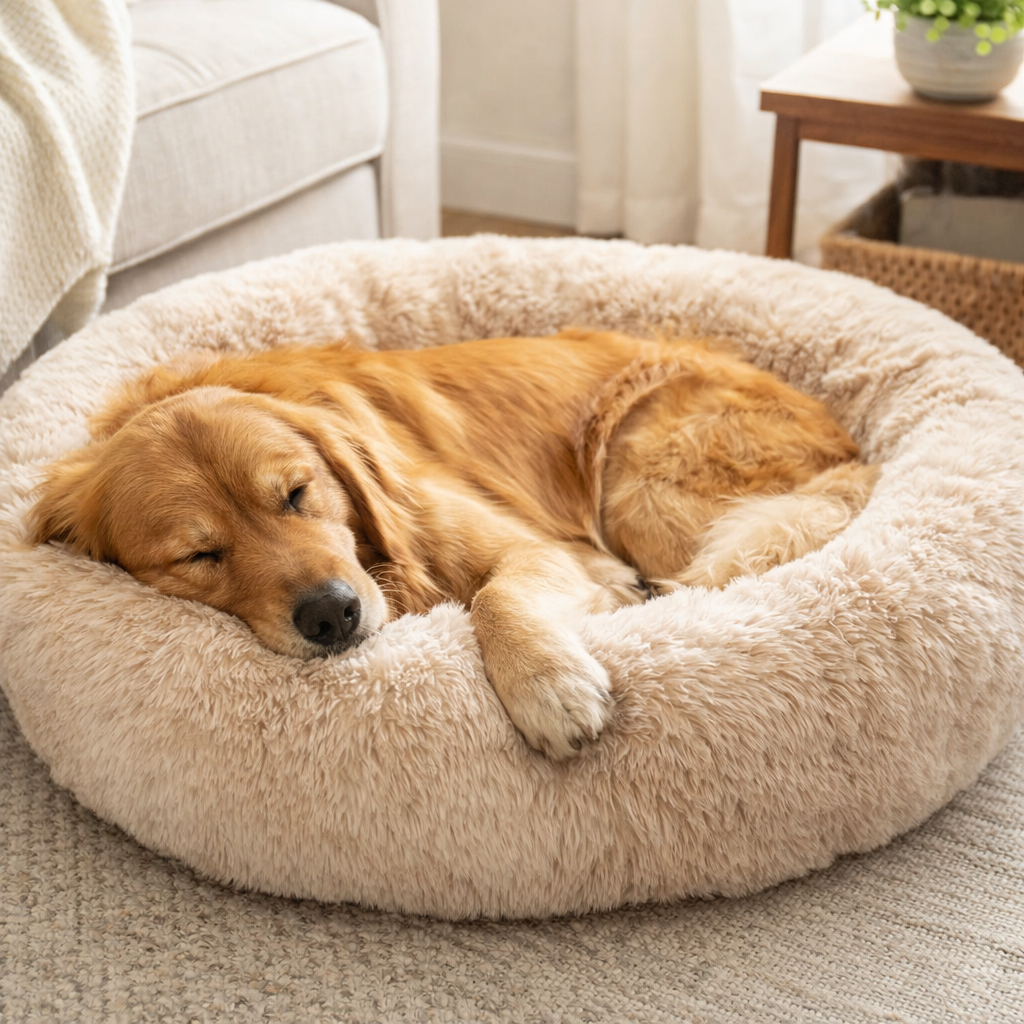 golden retriever resting in a plush calming dog bed for indoor comfort