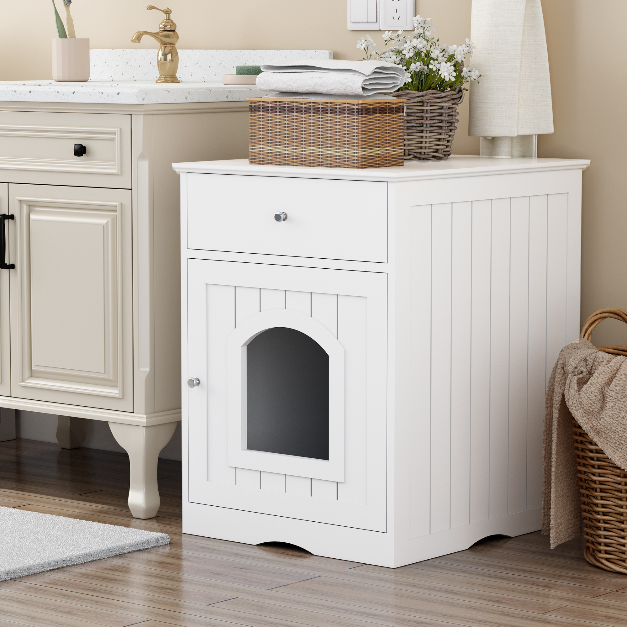 Hidden cat litter box cabinet furniture with drawer, modern white wooden cat house enclosure