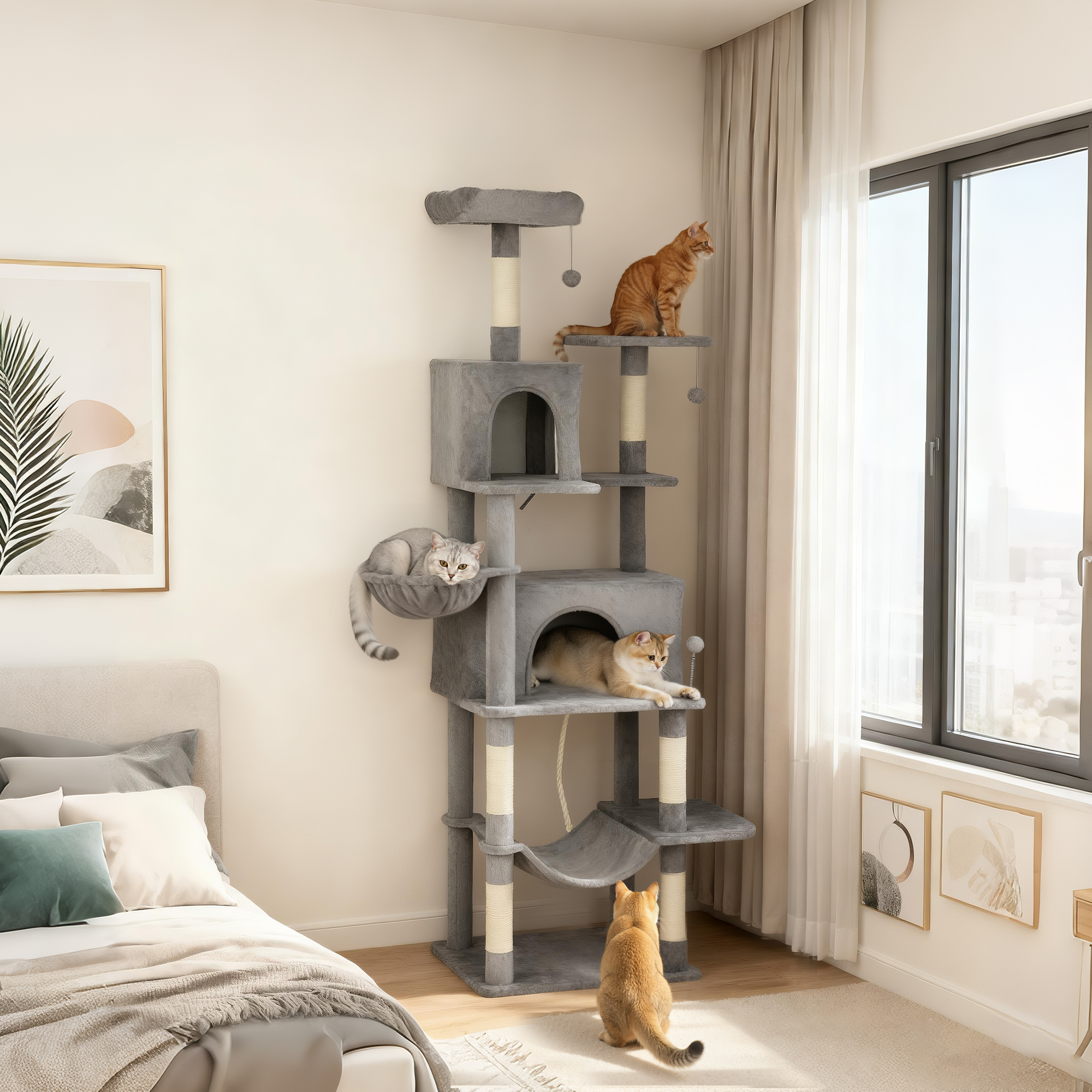 Modern 80-Inch Cat Tree for Large Cats Modern 80-inch cat tree for large indoor cats with condos, hammocks, scratching posts, and multi-level platforms