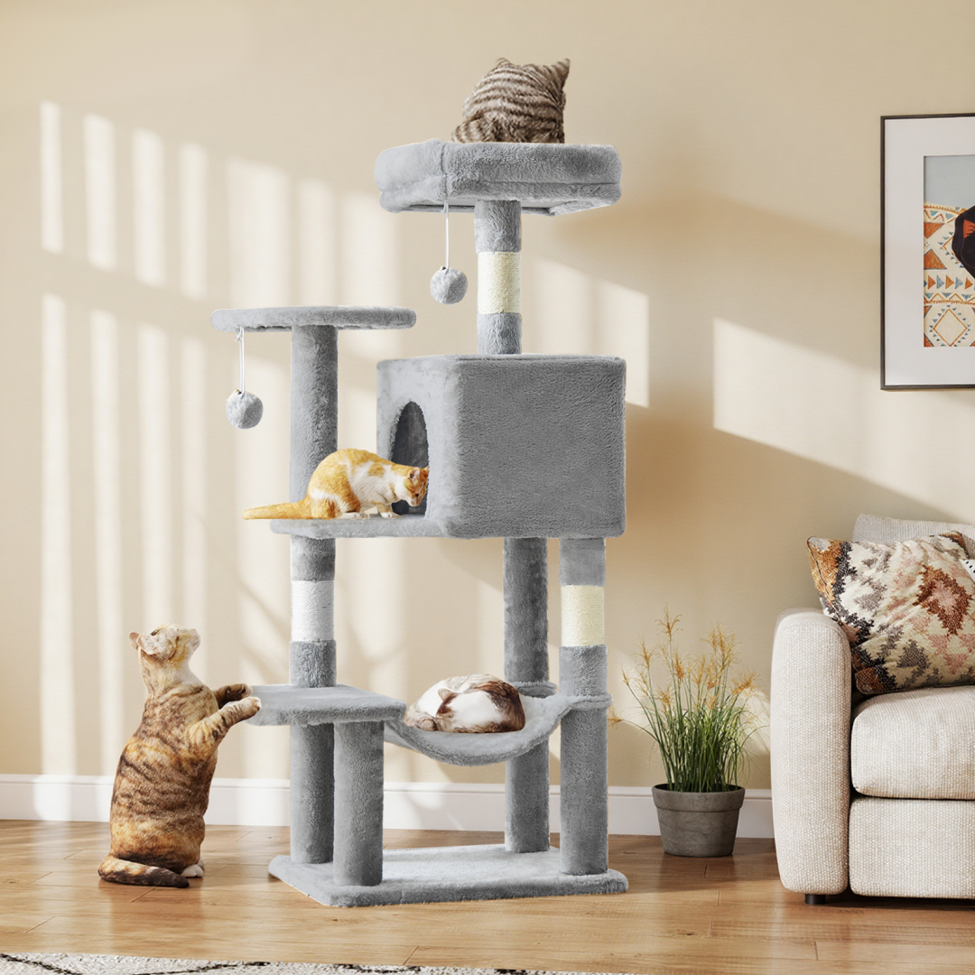 44 inch compact cat tree for indoor cats with condo hammock and scratching posts