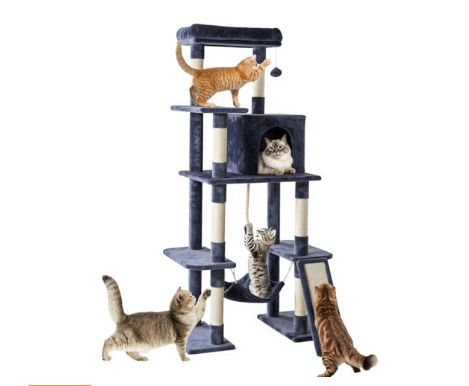 63 inch tall cat tree for indoor cats with condo hammock and scratching posts for multiple cats