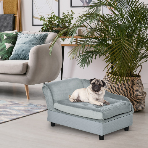 Luxury dog sofa bed with hidden storage, small modern pet couch with cushion and raised design