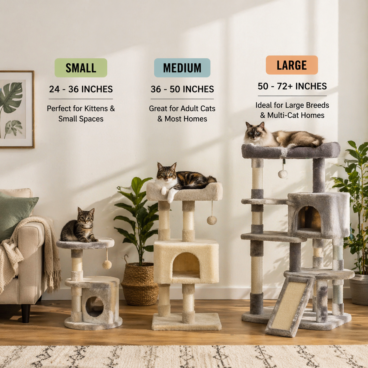 small medium large cat tree size comparison for indoor cats