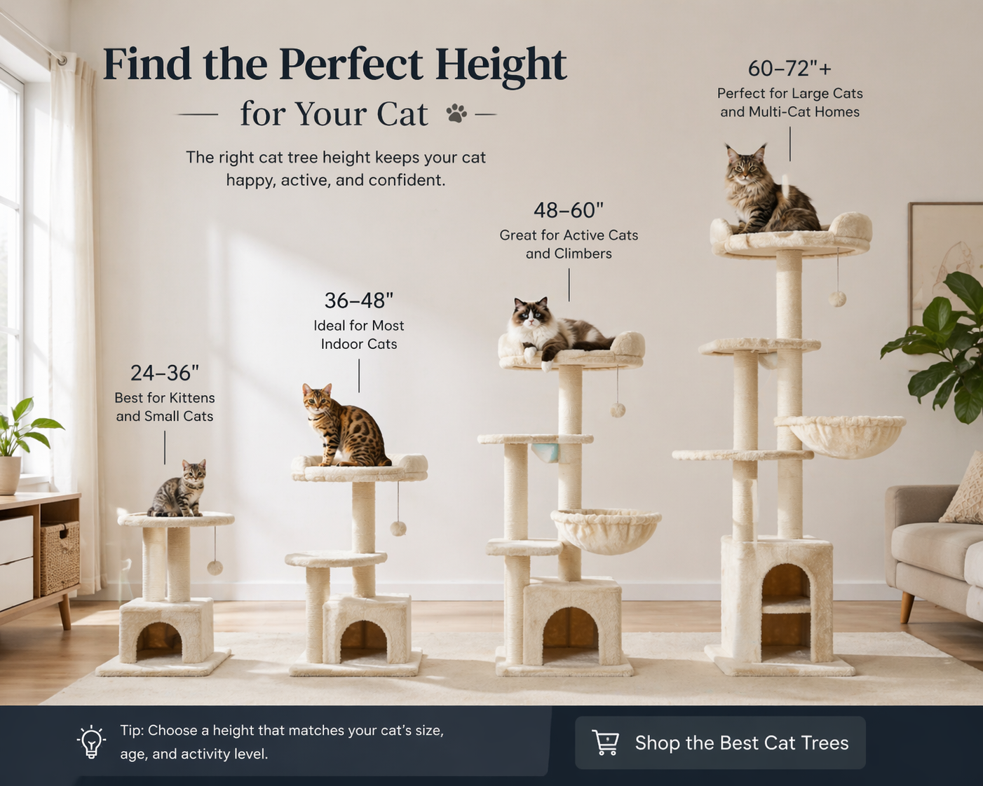 Cat tree height guide showing 24 to 72 inch cat trees for kittens, indoor cats, and large cats in a home setting