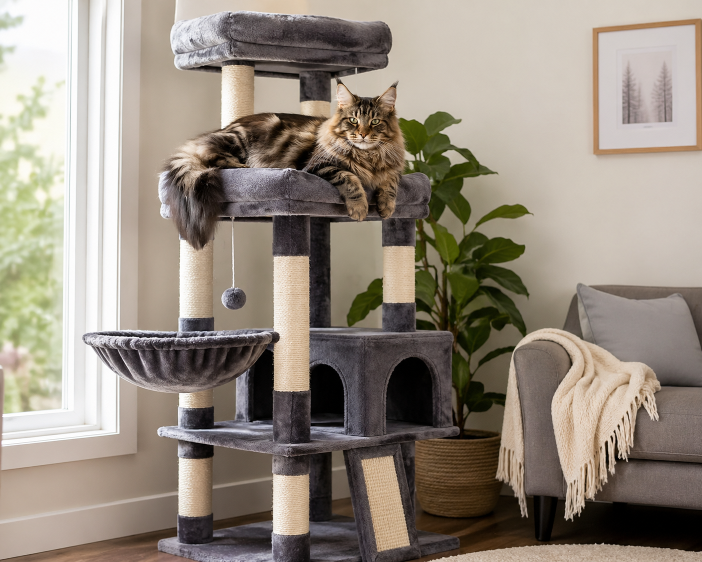 Large cat relaxing on a tall multi-level cat tree designed for big cats