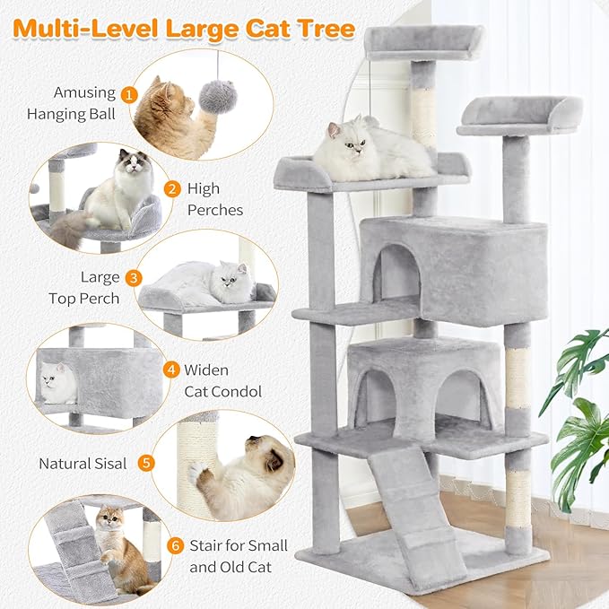 56-Inch Multi-Level Cat Tree for Large Cats 56-inch multi-level cat tree tower for large indoor cats with condos, scratching posts, hammock, and climbing platforms