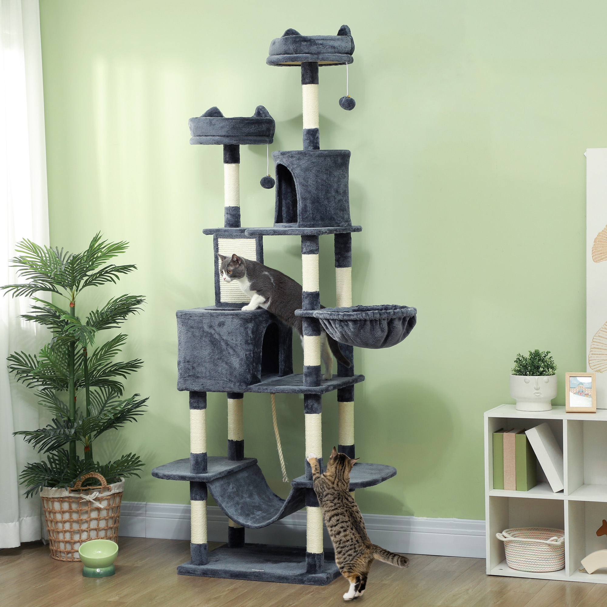 Tall Multi-Level Cat Tree for Large Indoor Cats Tall multi-level cat tree tower for large indoor cats with scratching posts, hammock, condos, and climbing platforms
