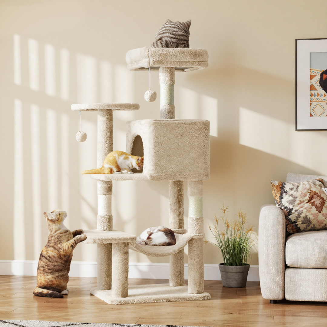 Modern beige cat tree for indoor cats with condo, perch and sisal scratching posts in a cozy living room