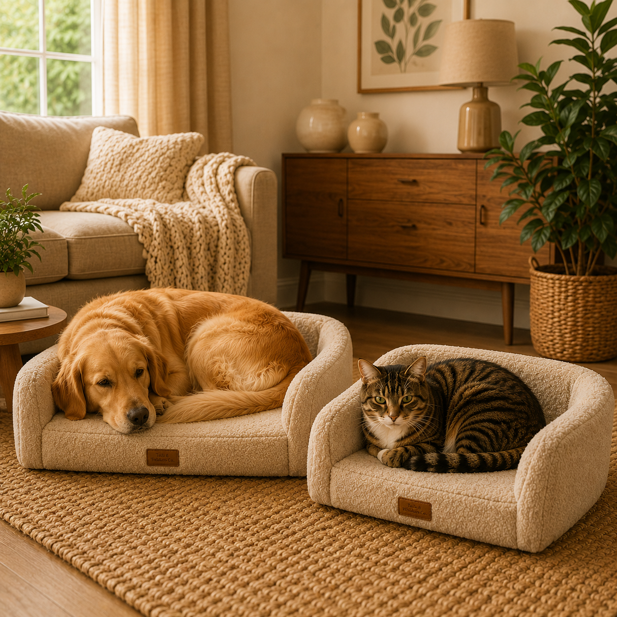 Golden retriever and tabby cat relaxing on cozy pet couches in a warm modern living room