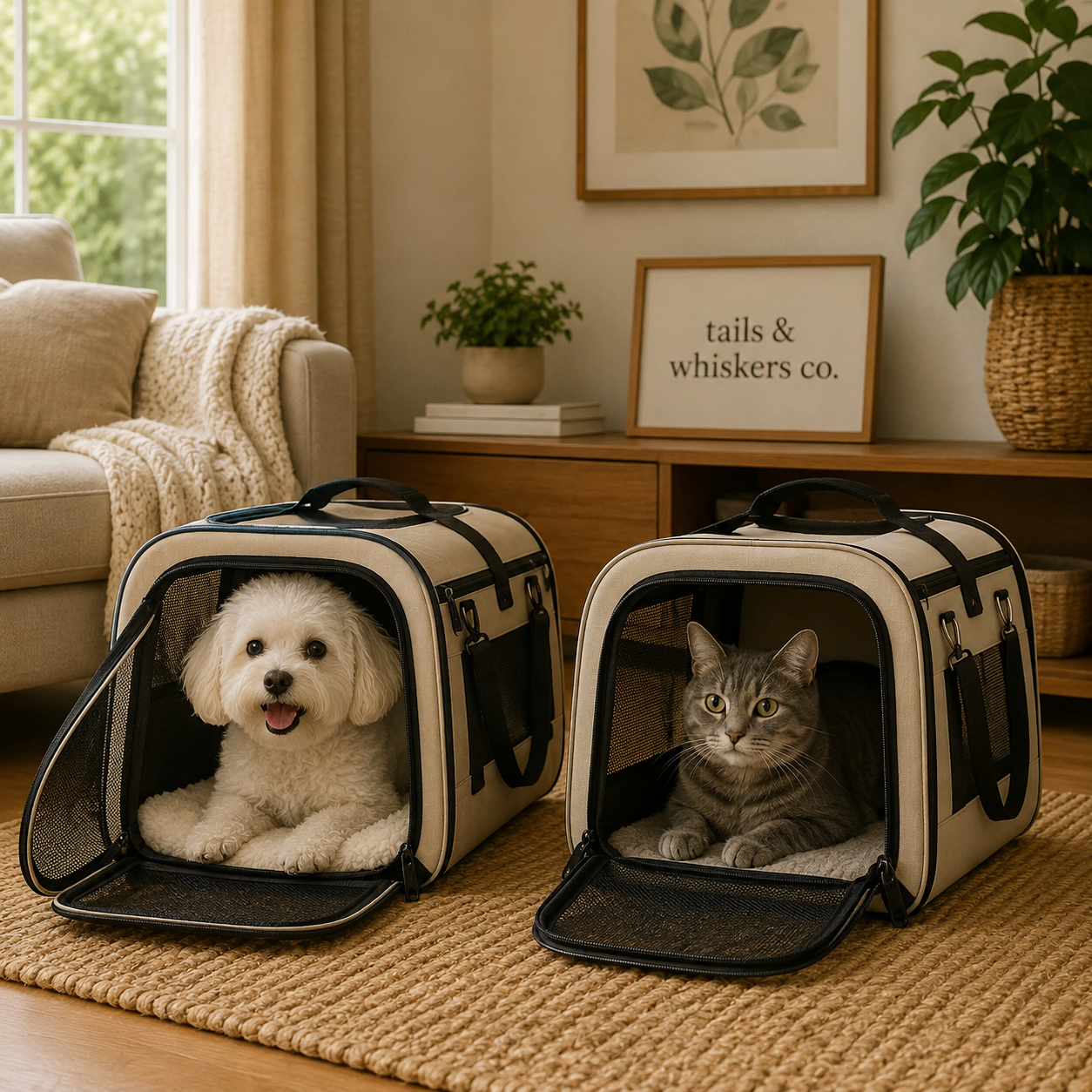 White dog and gray cat relaxing inside soft pet carriers in a cozy modern living room with warm neutral decor.