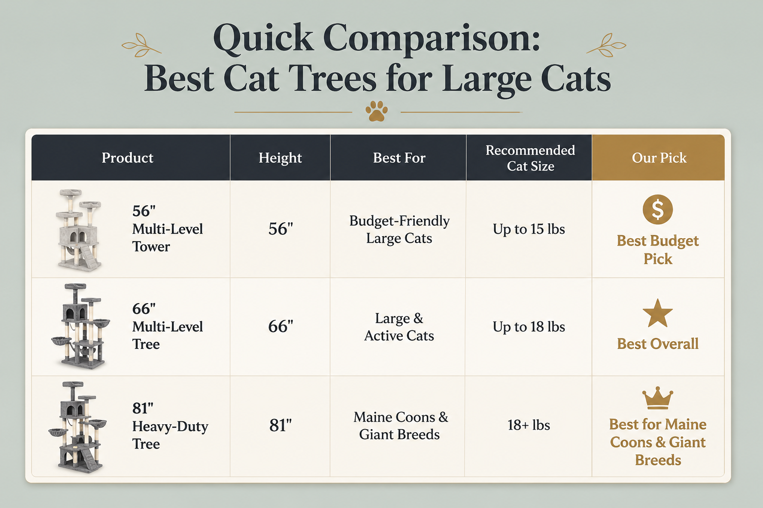 Comparison chart of the best cat trees for large cats showing height, recommended cat size, and top picks for Maine Coons, large breeds, and multi-cat homes.